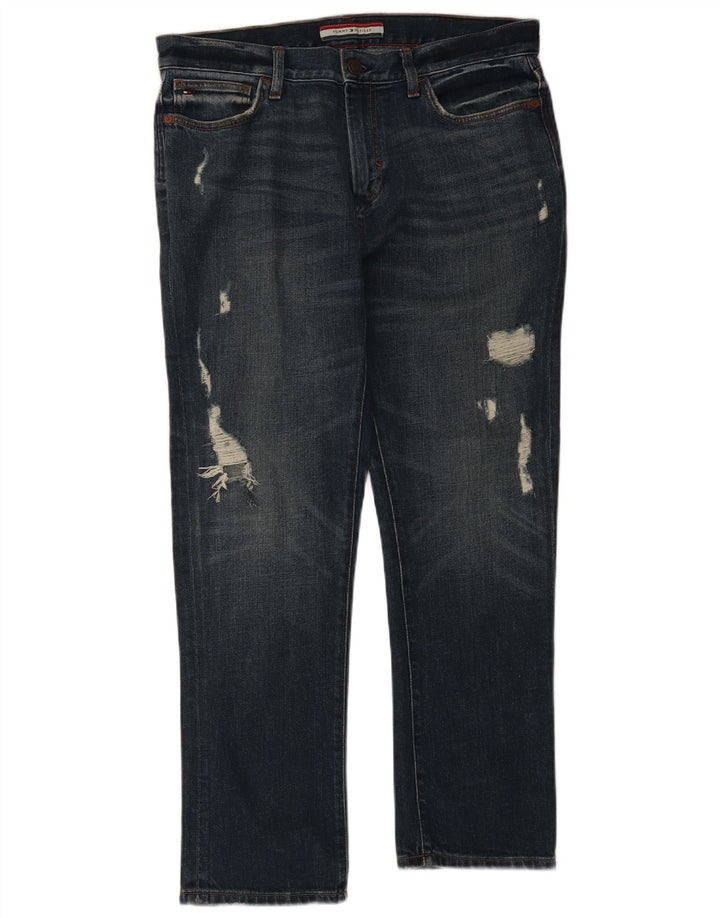 Tommy Hilfiger Calça jeans reta masculina desgastada W34 L30 algodão azul