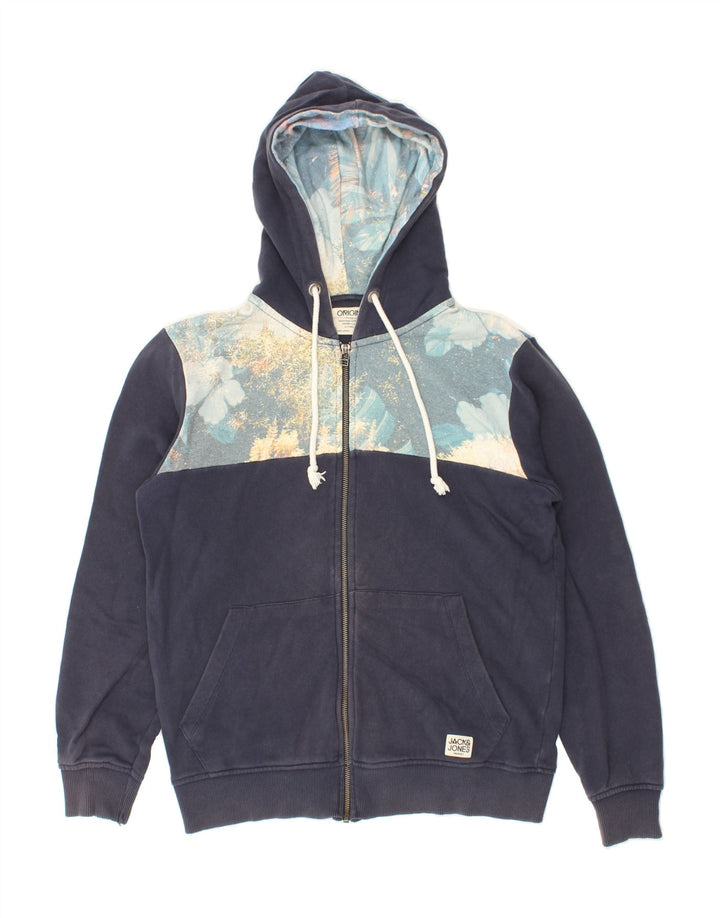 JACK & JONES Mens Zip Hoodie Sweater Medium Navy Blue Floral Cotton Vintage Jack & Jones and Second-Hand Jack & Jones from Messina Hembry 