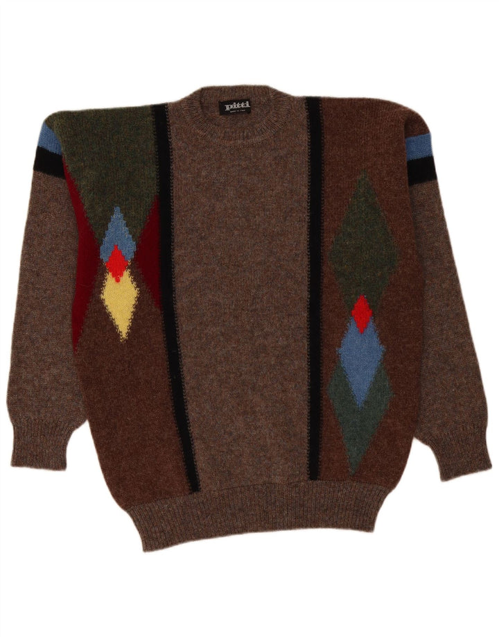 Suéter vintage masculino com gola redonda, grande marrom argyle/lã diamante