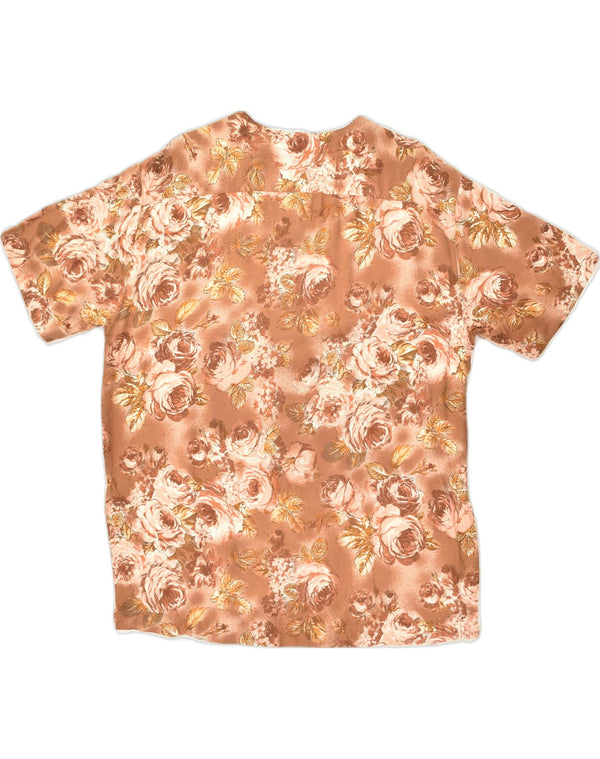 Blusa feminina VINTAGE manga curta Reino Unido 12 viscose floral marrom médio