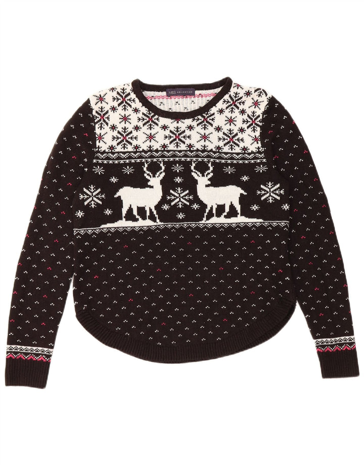 Suéter feminino Marks & Spencer com gola redonda Reino Unido 14 médio preto Natal