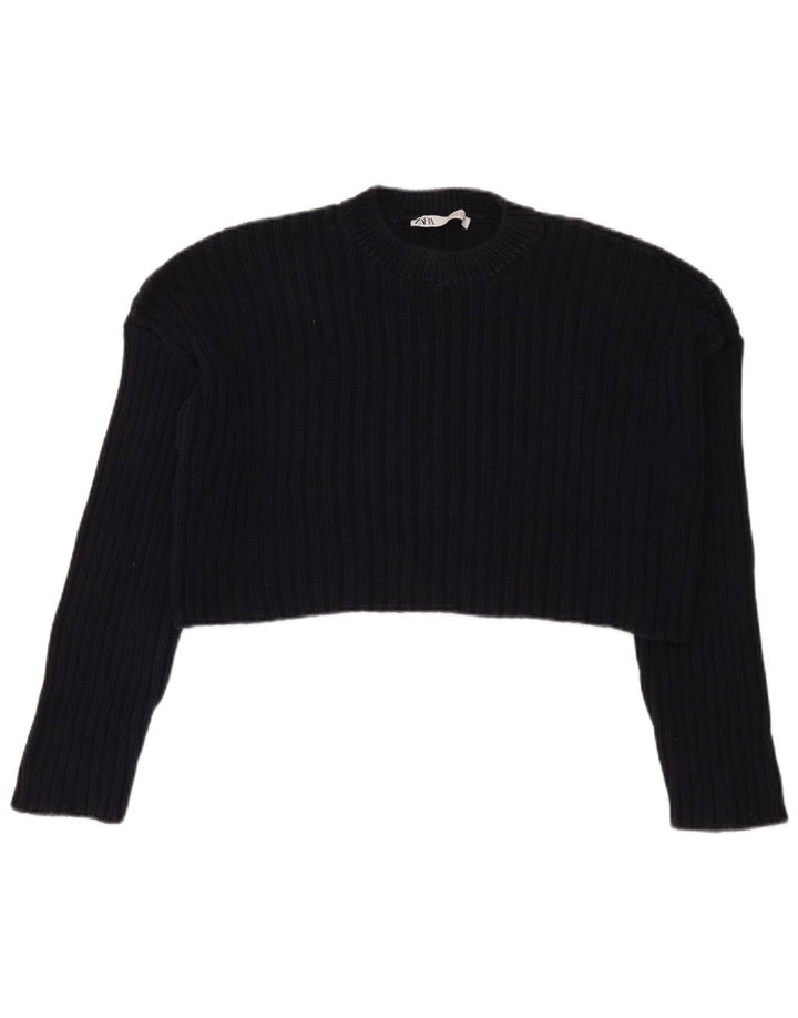 Zara Suéter feminino cropped com gola redonda Reino Unido 14 médio azul marinho
