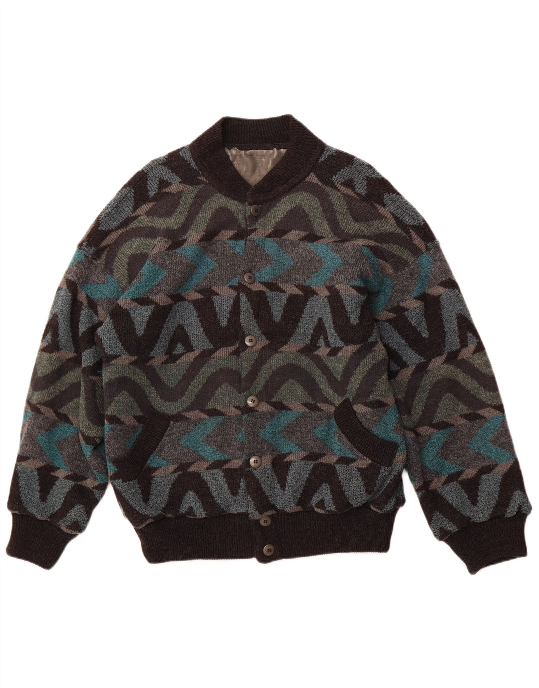 Jaqueta bomber masculina vintage UK 42 XL lã de alpaca geométrica multicolorida