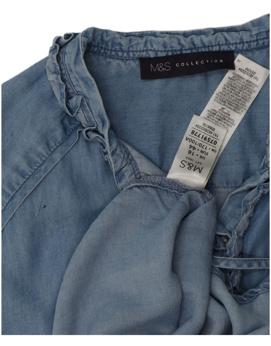 Camisa jeans feminina Marks & Spencer com babados na frente e grande tamanho Reino Unido 16 grande azul