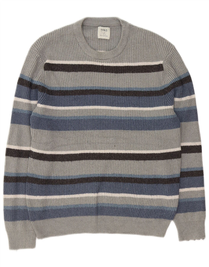 Suéter masculino Marks & Spencer com gola redonda, grande poliamida listrada cinza