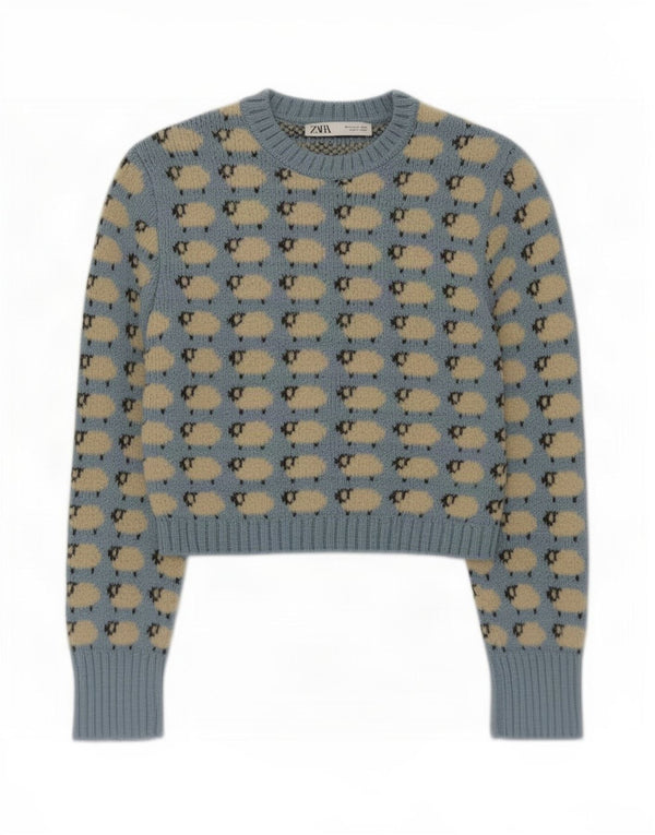 Suéter feminino Zara com gola redonda e gola redonda, Reino Unido 12, azul médio, estampa animal