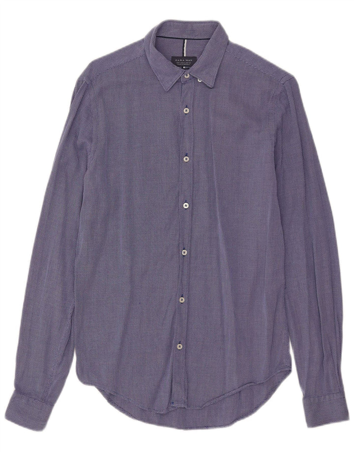 Camisa masculina Zara Slim Fit pequena algodão manchado azul