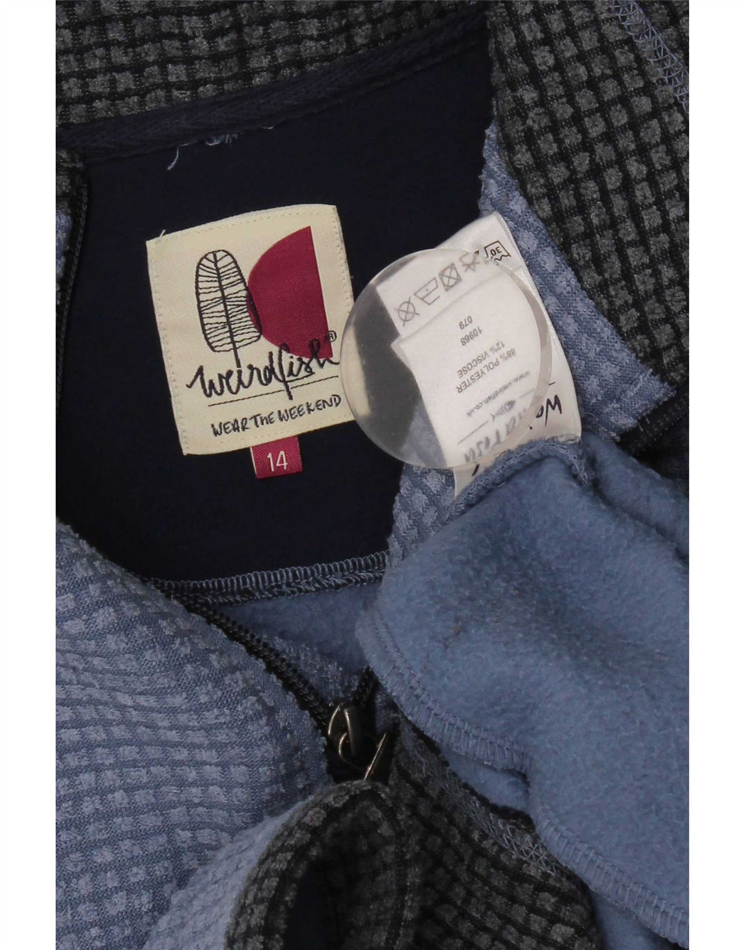 Jumper de lã feminino Weird Fish com zíper e pescoço Reino Unido 14 poliéster azul grande