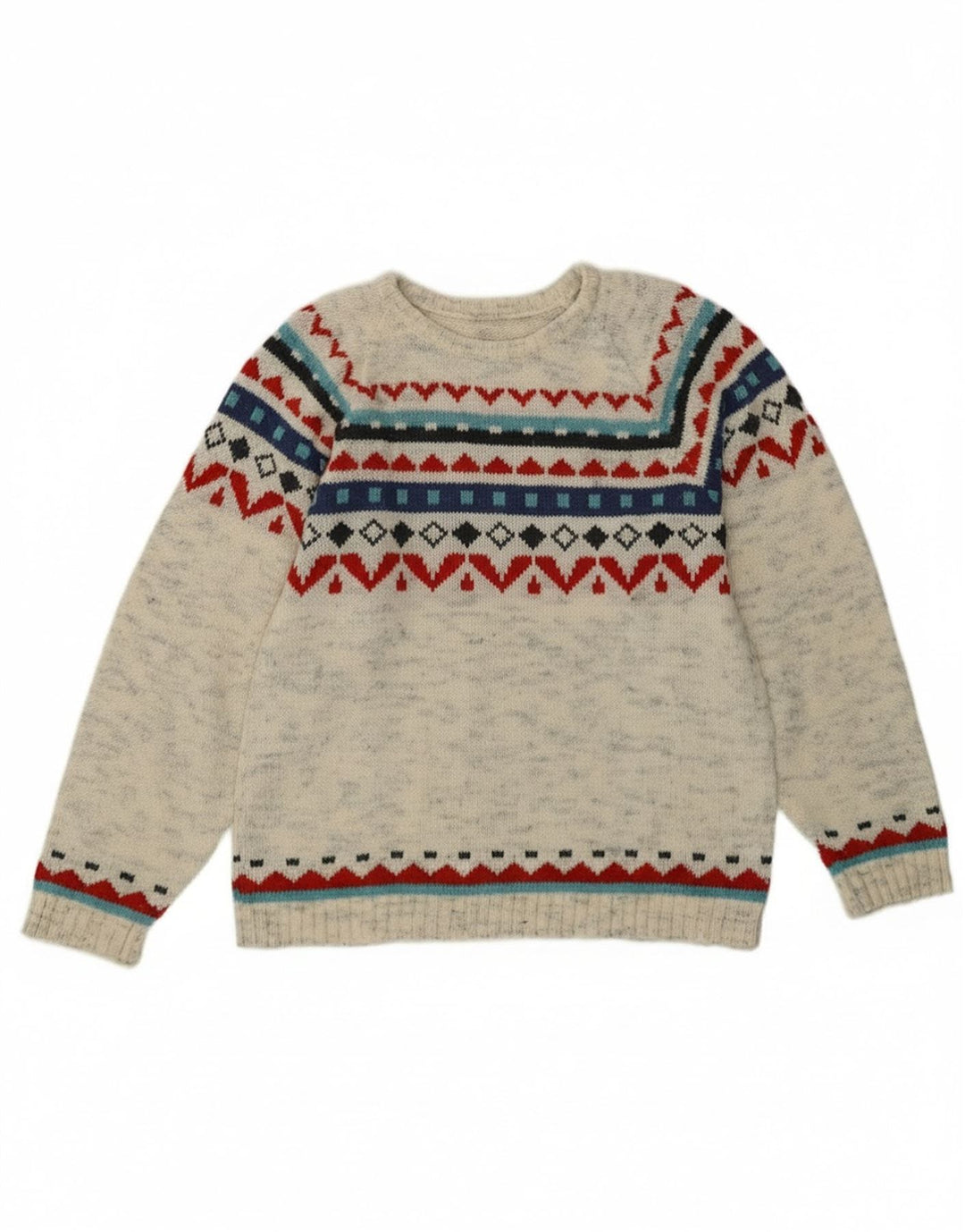 Suéter feminino vintage com gola redonda UK 12 cinza médio Fair Isle