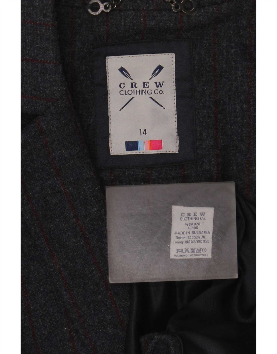 Jaqueta blazer feminina de 2 botões da Crew Clothing UK 14 grande cinza risca de giz lã