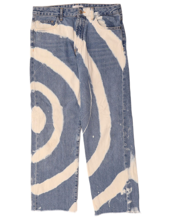 Zara Jeans feminino Trafaluc de perna larga médio W28 L27 azul tie-dye algodão