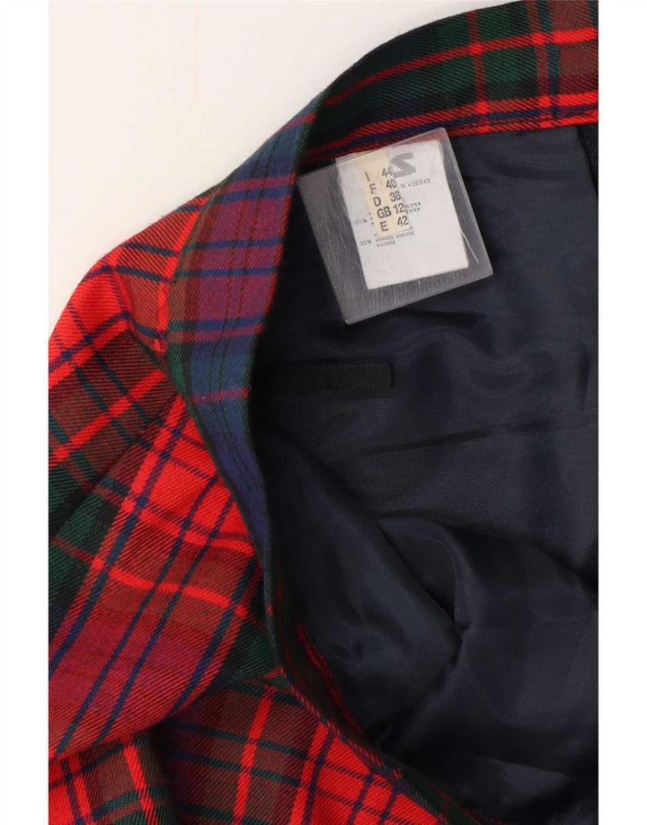Saia lápis feminina vintage Reino Unido 12 poliéster xadrez vermelho médio W28