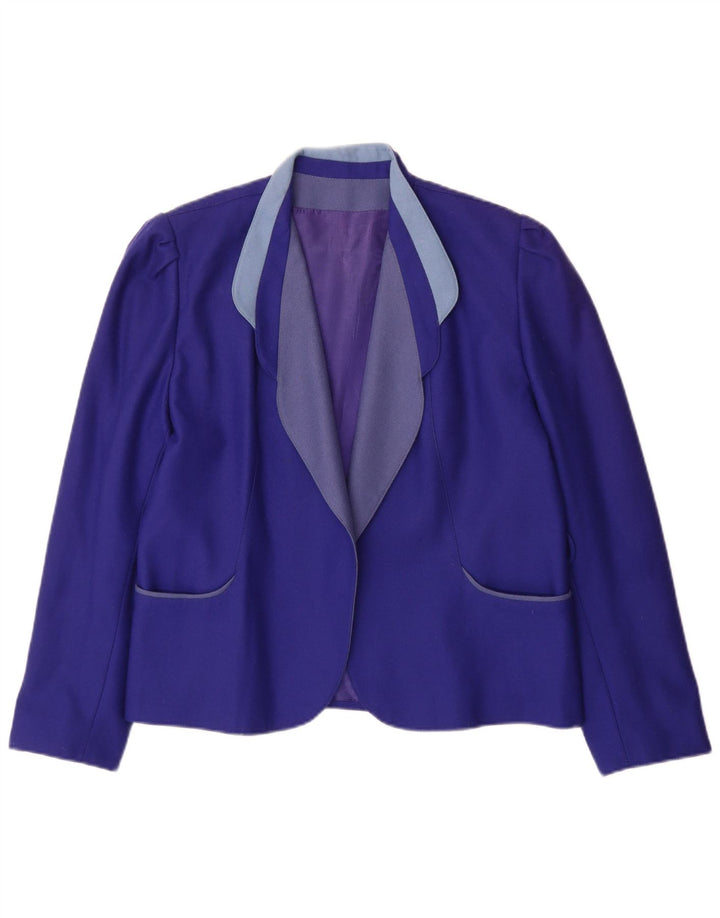 Jaqueta blazer aberta feminina vintage Reino Unido 14 grande lã roxa