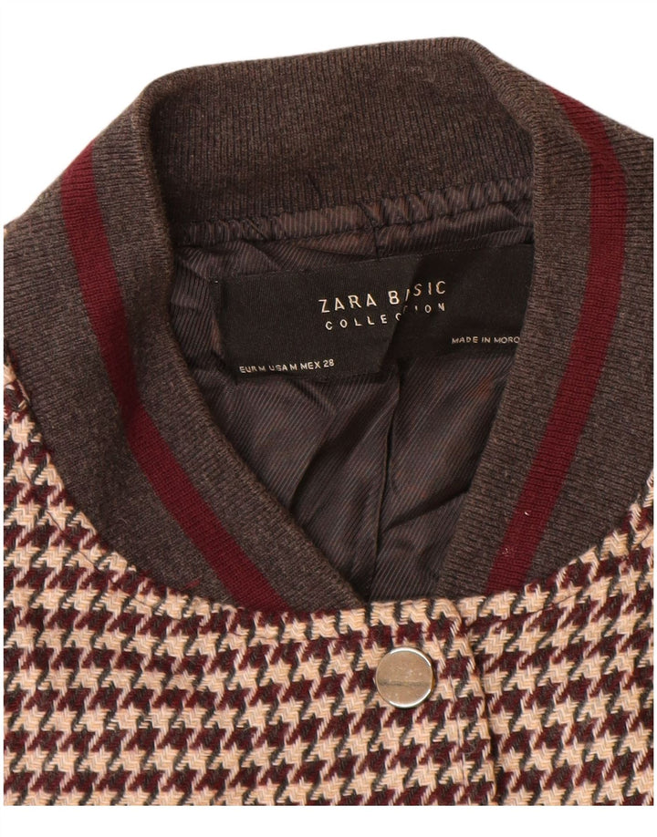 Zara Womens Varsity Jacket UK 14 Médio Marrom Houndstooth Acrílico
