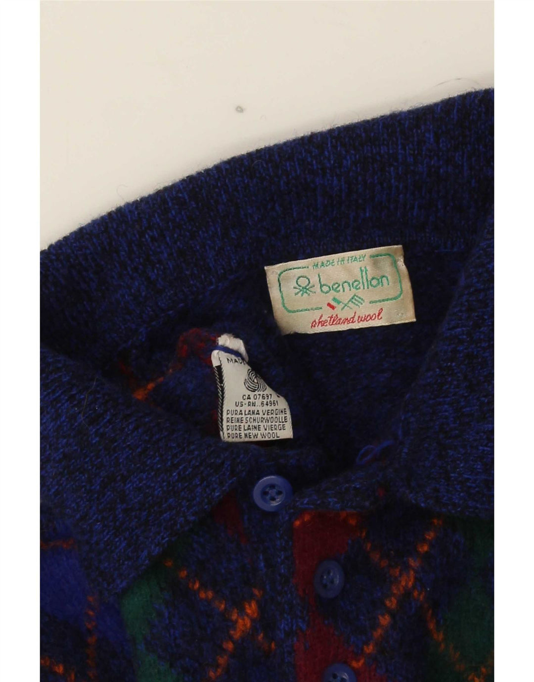 Suéter masculino Benetton com gola polo IT 48 pequeno azul argyle/lã diamante