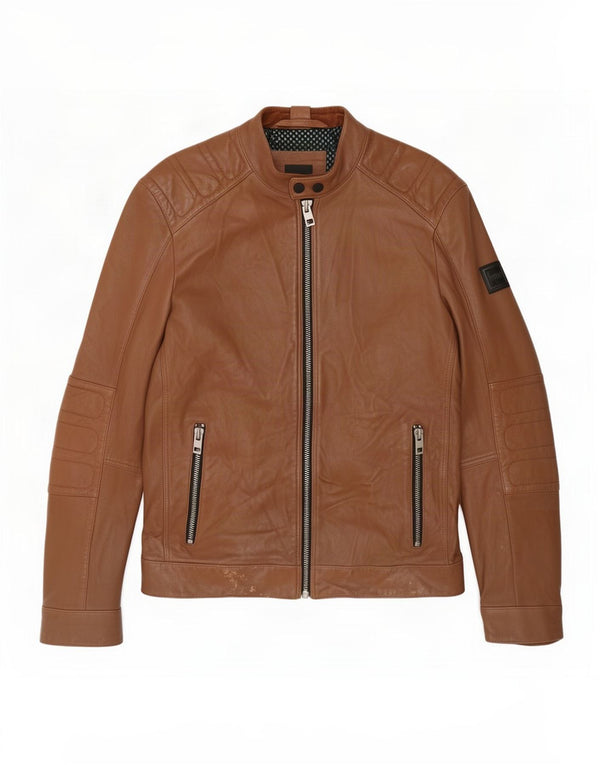 Jaqueta masculina de couro Hugo Boss para motociclista Reino Unido 36 pequena marrom