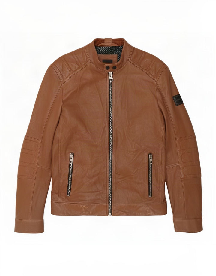 Jaqueta masculina de couro Hugo Boss para motociclista Reino Unido 36 pequena marrom