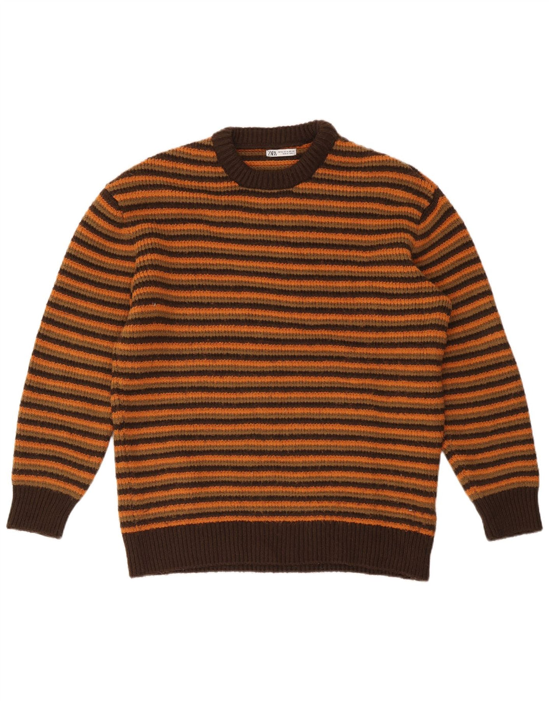 Zara Suéter masculino com gola redonda XL listrado marrom