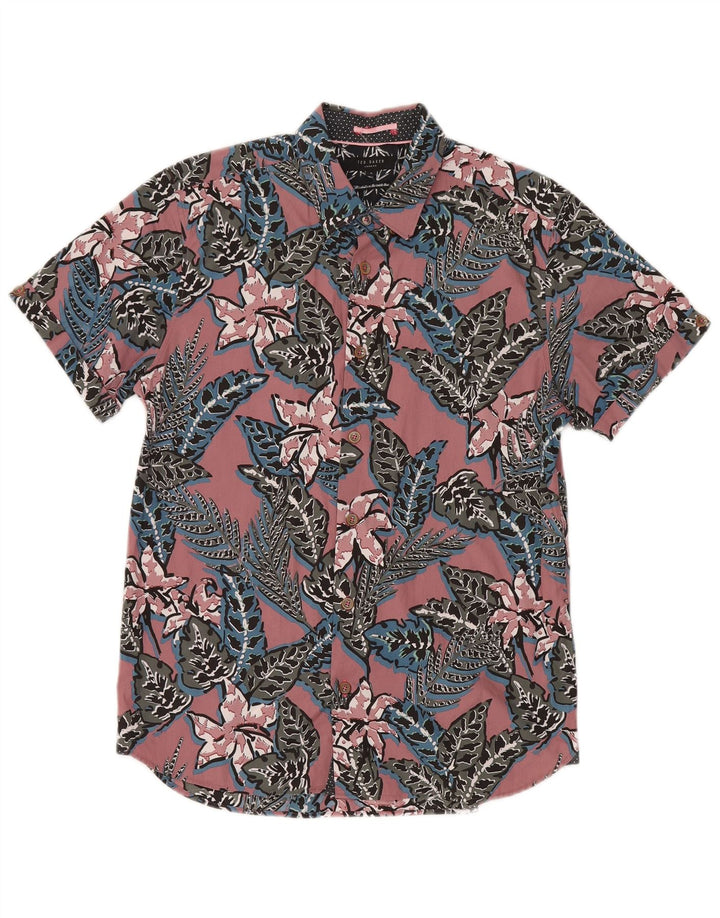 Camisa masculina de manga curta Ted Baker tamanho 3 algodão floral rosa médio