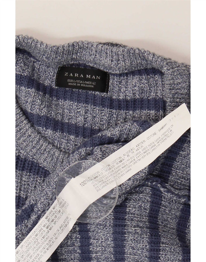Zara Suéter masculino com gola redonda, grande algodão listrado azul