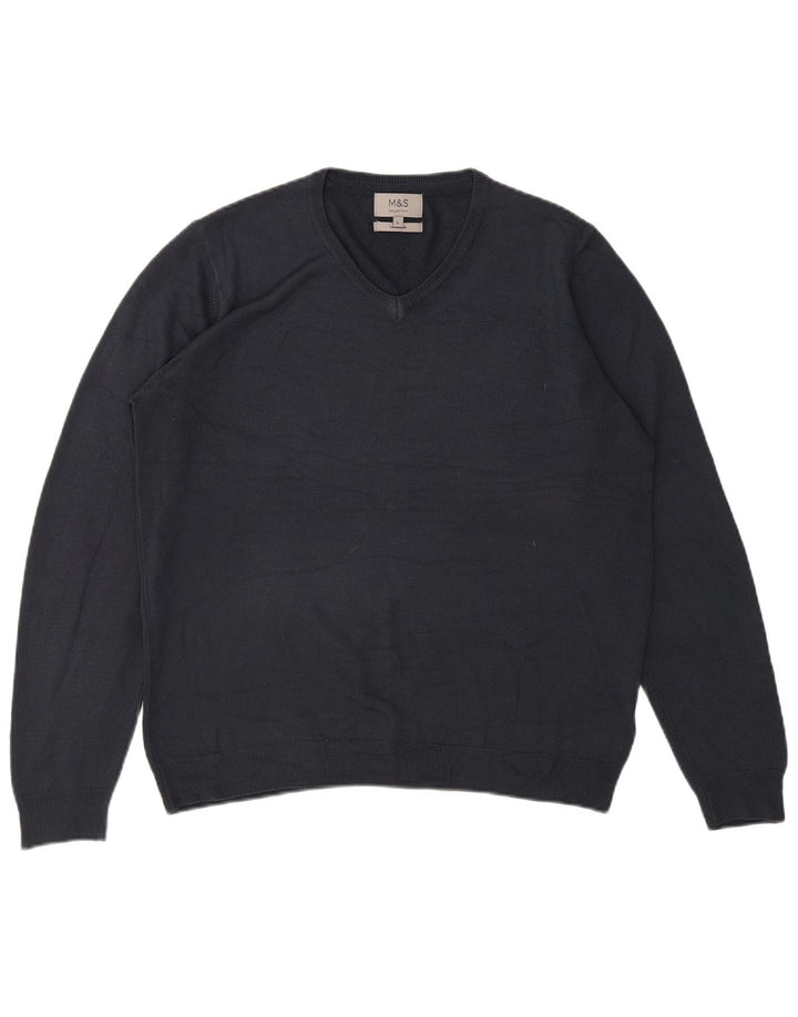 MARKS & SPENCER Suéter masculino com decote em V grande acrílico azul marinho