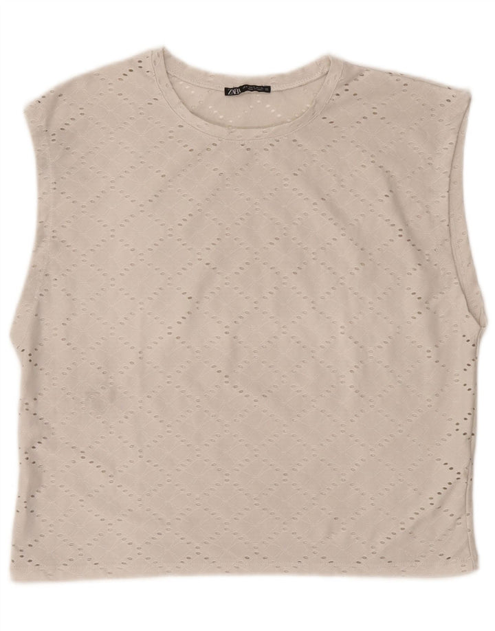 Zara blusa feminina sem mangas oversized top UK 10 pequeno poliéster branco
