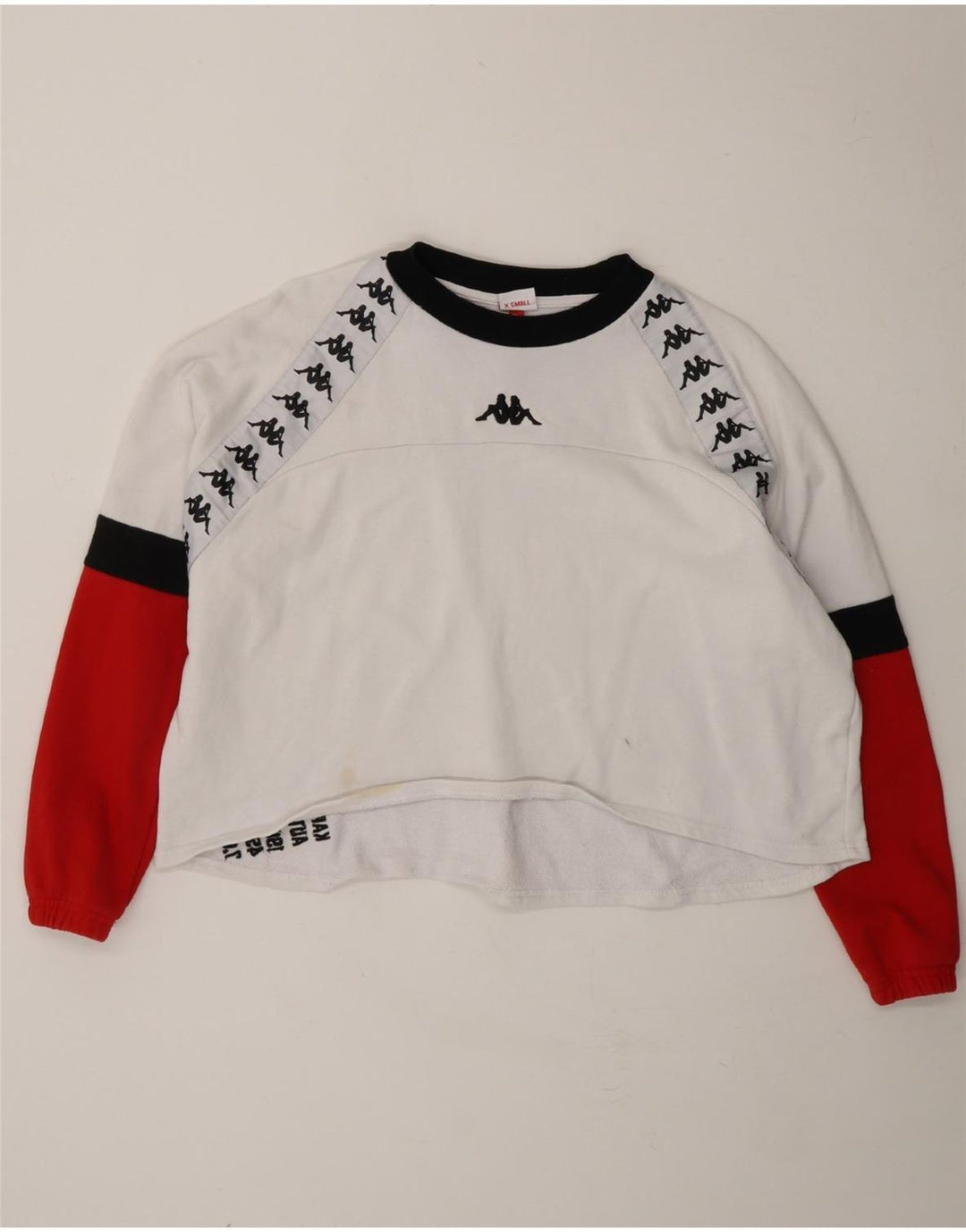 KAPPA Womens Oversized Crop Sweatshirt Jumper UK 6 XS White Colourblock Vintage Kappa and Second-Hand Kappa from Messina Hembry 