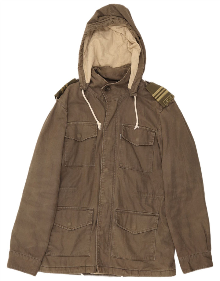 Jaqueta militar masculina com capuz Levi's UK 38 algodão cáqui médio