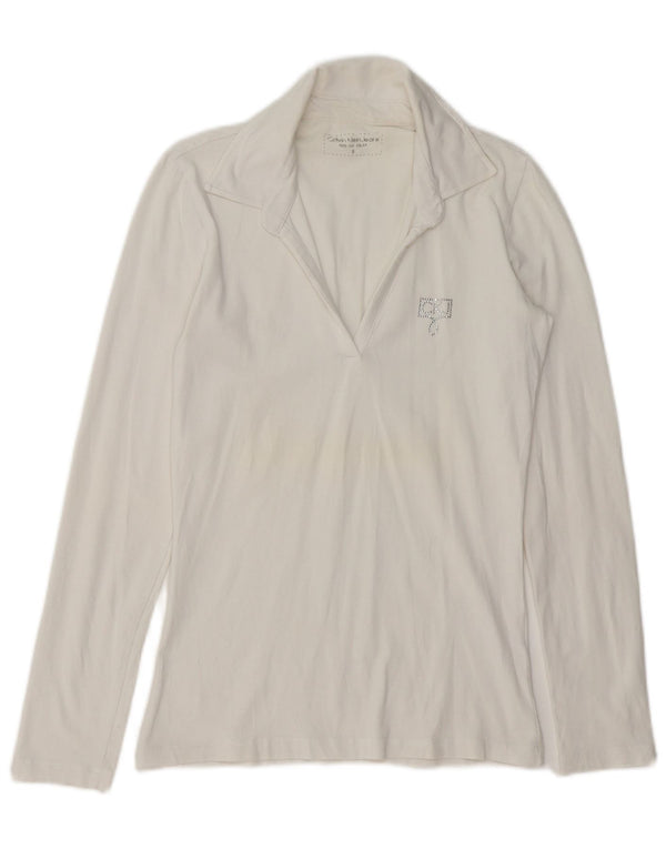 CALVIN KLEIN JEANS Camisa polo feminina de manga comprida Reino Unido 10 algodão branco pequeno
