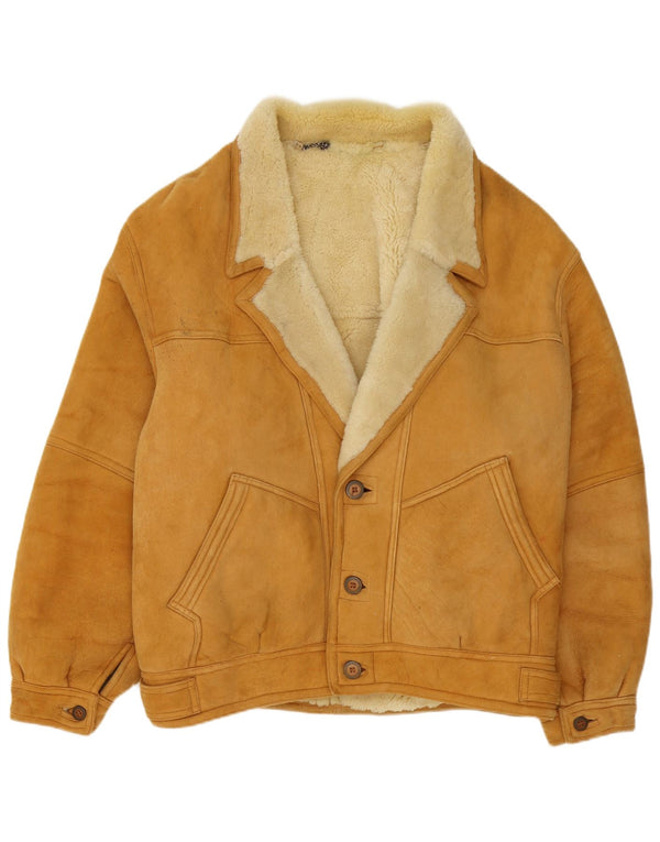 Jaqueta masculina vintage shearling IT 54 2XL couro marrom