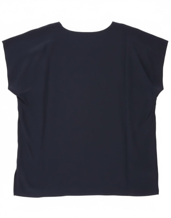 Blusa feminina vintage sem mangas Top UK 20 2XL seda azul marinho