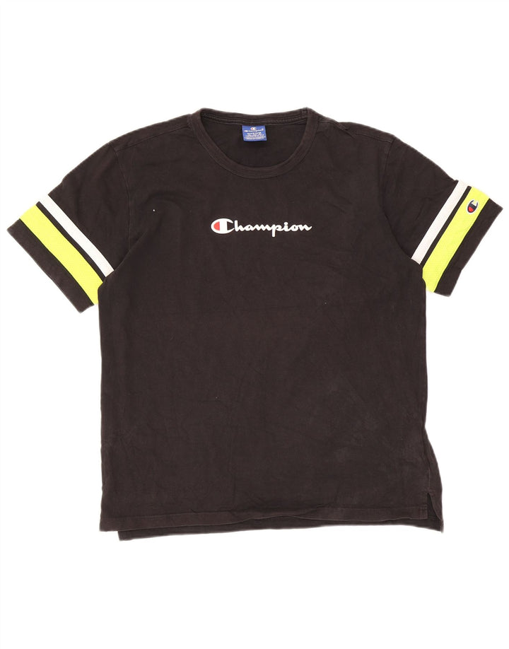 Camiseta masculina com estampa gráfica Champion médio preto colorblock algodão