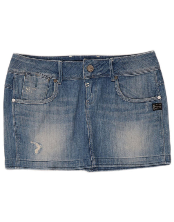 Saia jeans feminina G-Star cintura baixa envelhecida W27 algodão azul pequeno