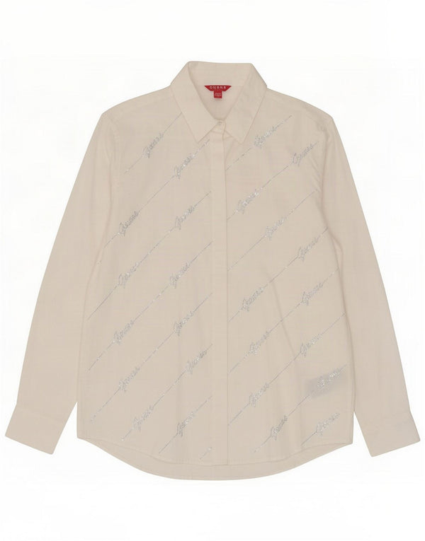Guess Camisa feminina gráfica solta ajuste Reino Unido 10 pequeno algodão branco