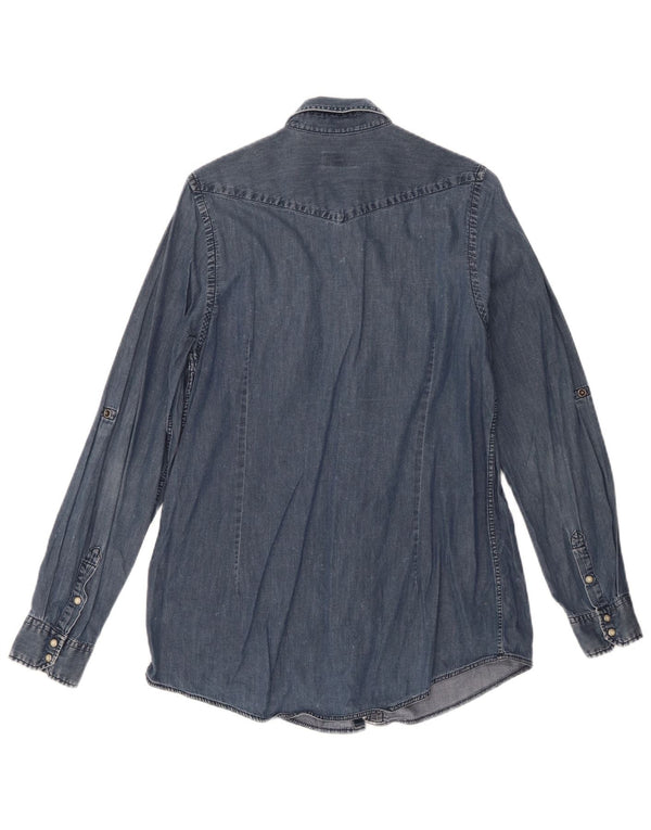 Camisa jeans feminina Topshop Reino Unido 10 algodão azul marinho pequeno