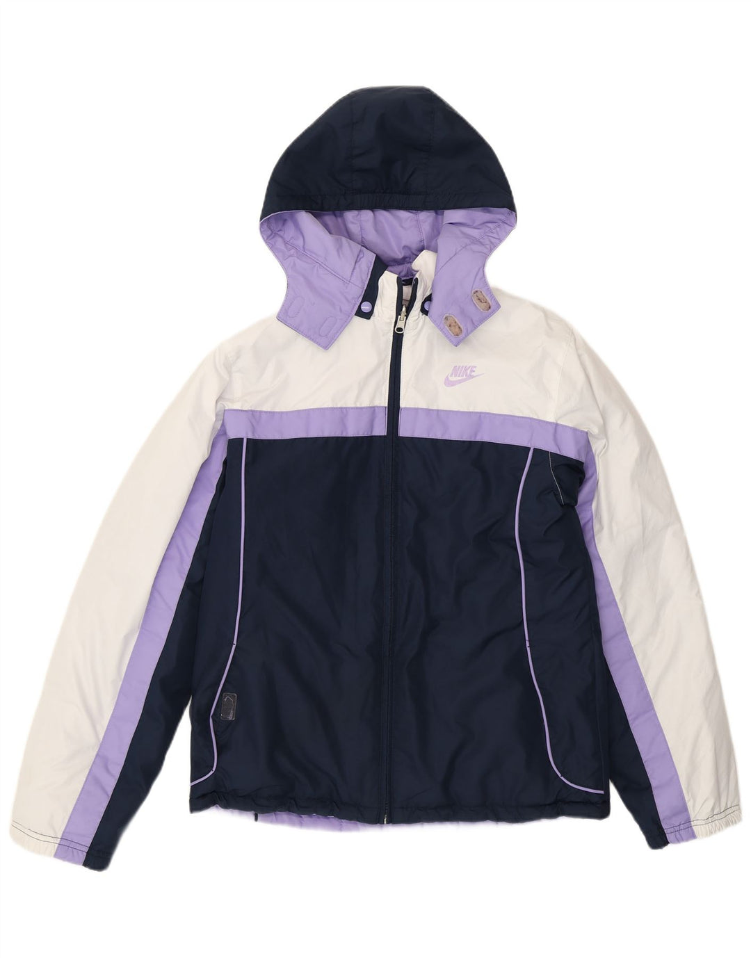 Jaqueta acolchoada com capuz Nike para meninas 13-14 anos XL roxo colorblock poliéster