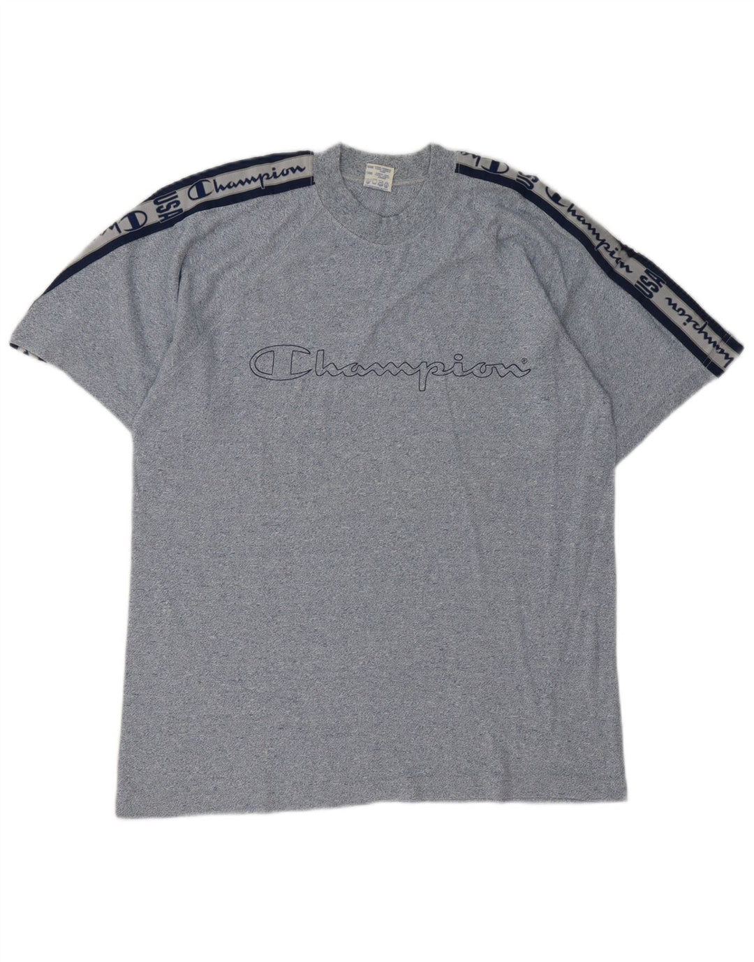 Camiseta gráfica masculina Champion Top médio azul marinho algodão colorblock