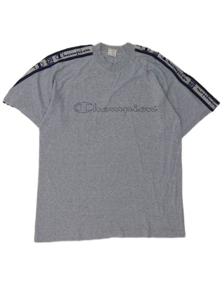 Camiseta gráfica masculina Champion Top médio azul marinho algodão colorblock