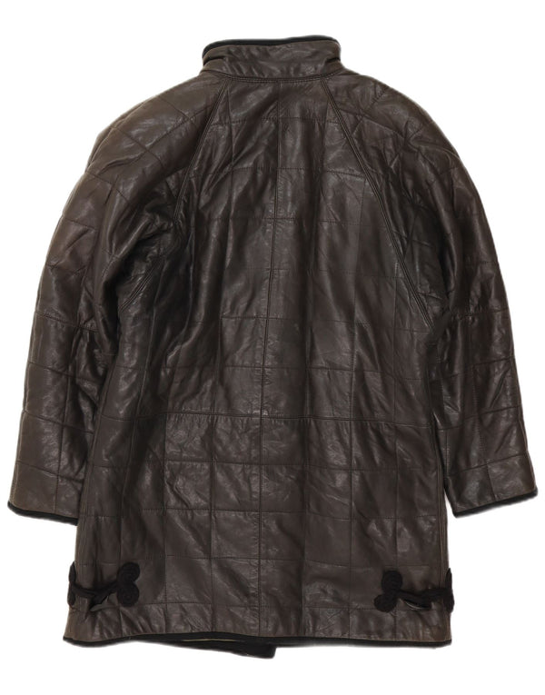 Casaco de couro acolchoado feminino vintage UK 12 médio preto