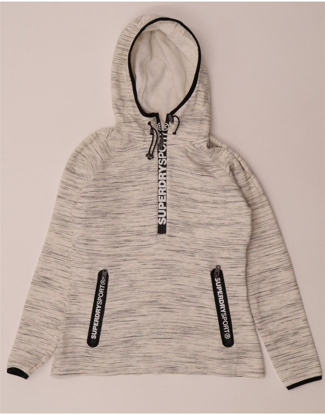 Suéter feminino Superdry com capuz e gola com zíper gráfico UK 14 médio branco manchado