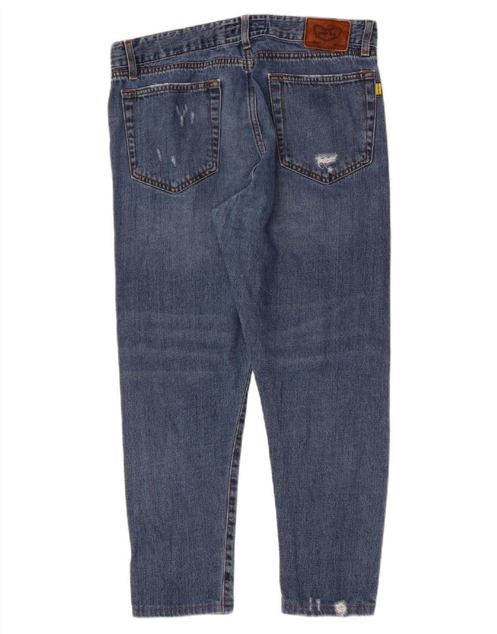 POP 84 Calça jeans masculina slim desgastada W33 L26 algodão azul