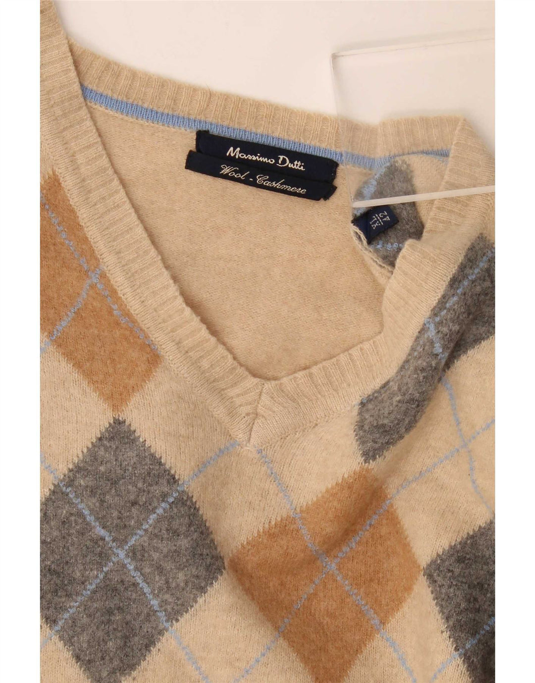 Suéter masculino Massimo Dutti com decote em V XL bege argyle/lã diamante