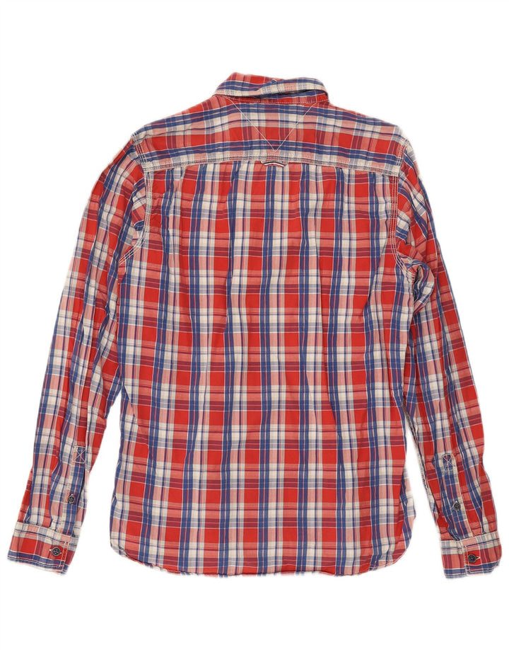 Camisa masculina Tommy Hilfiger pequena xadrez vermelha de algodão