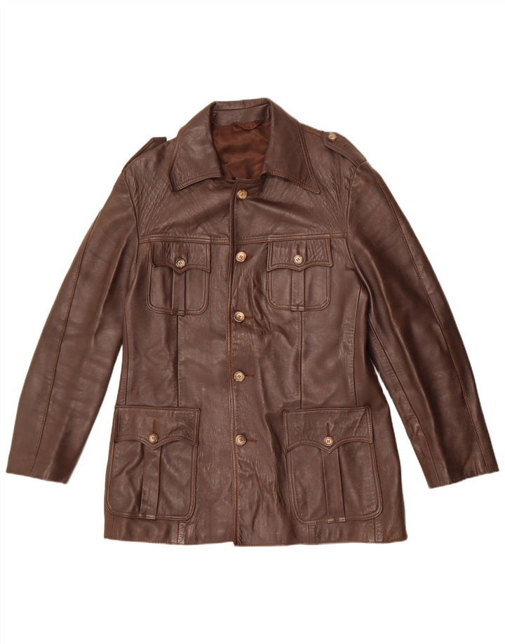 Jaqueta de couro militar masculina vintage UK 36 pequena marrom