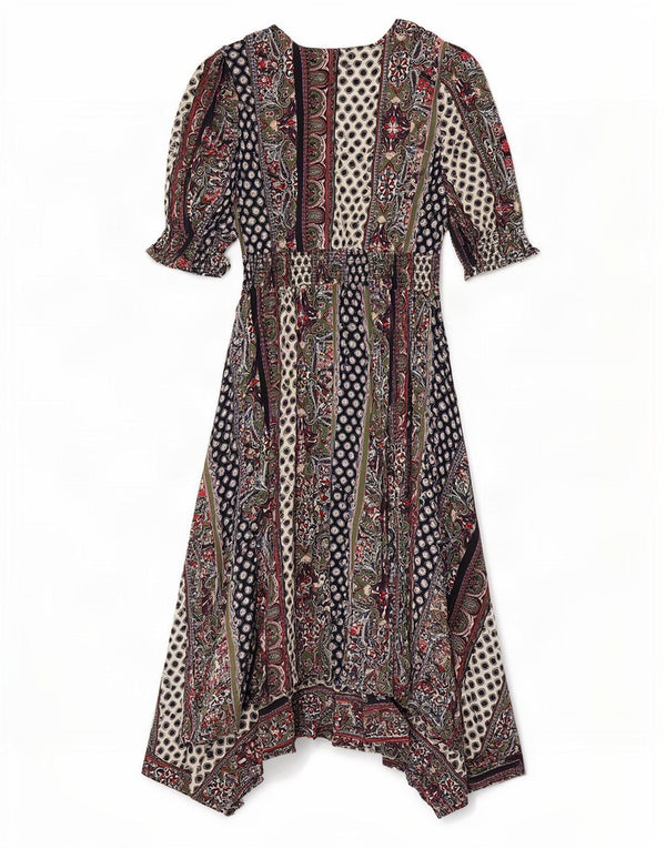 Vestido assimétrico feminino Monsoon UK 14 grande algodão paisley multicolorido