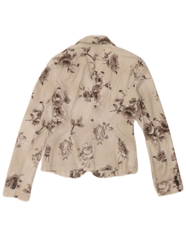Jaqueta blazer jeans Sisley feminina com 2 botões Reino Unido 10 pequeno off white floral