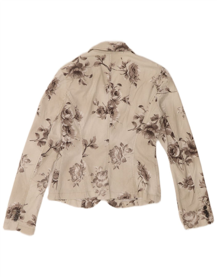 Jaqueta blazer jeans Sisley feminina com 2 botões Reino Unido 10 pequeno off white floral