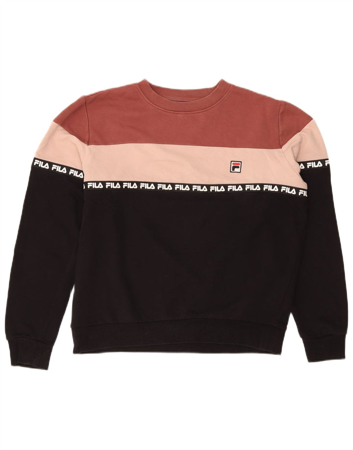 FILA feminino gráfico moletom jumper UK 14 médio preto colorblock