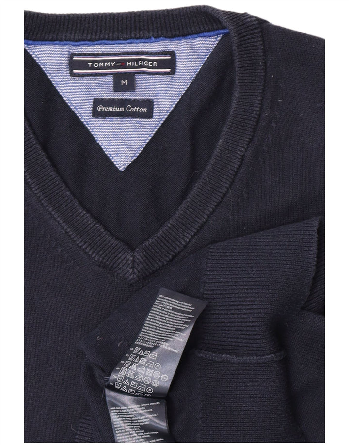 Tommy Hilfiger Suéter masculino com decote em V médio algodão azul marinho