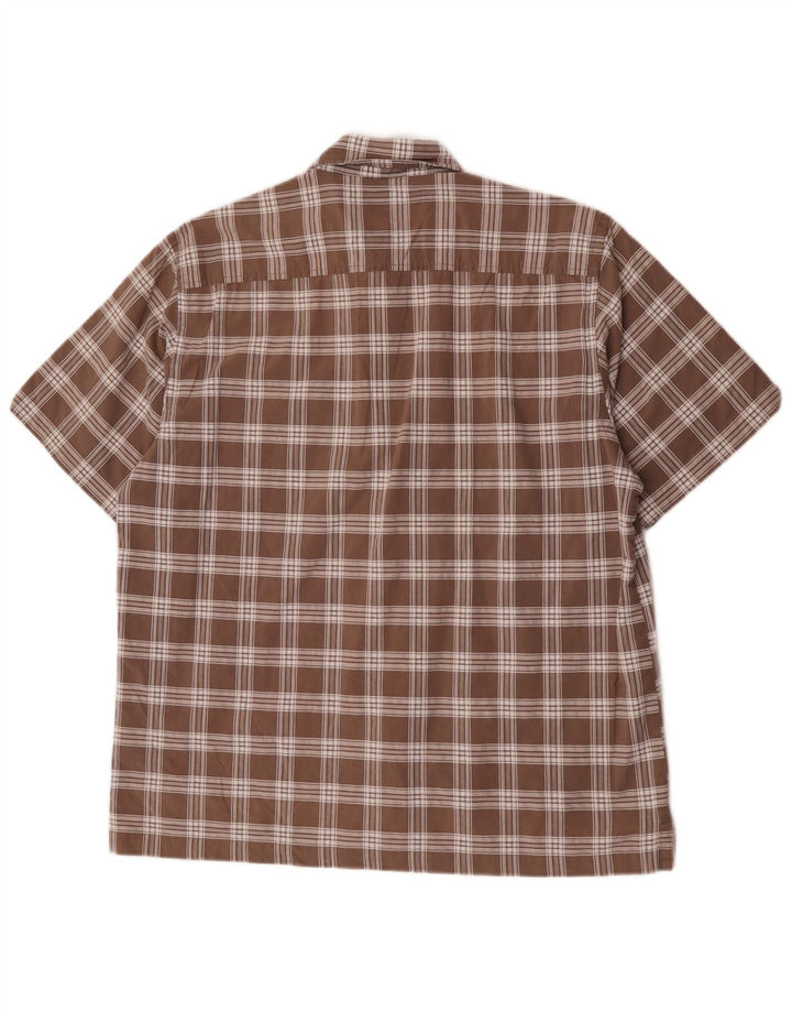 Lerros Camisa masculina de manga curta grande algodão xadrez marrom